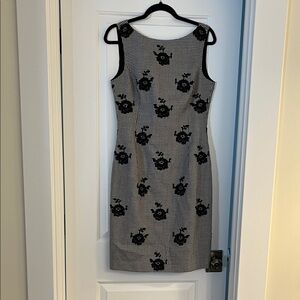 Oscar de la Renta Black and White Houndstooth Floral Midi Dress